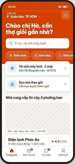 Ảnh chụp App Khách hàng: trang chủ khối cam, đơn đang chạy, thợ được tin chọn