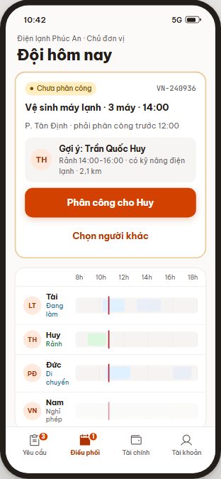 Ảnh chụp App Nhà cung cấp: đội hôm nay, đơn chưa phân công và gợi ý người